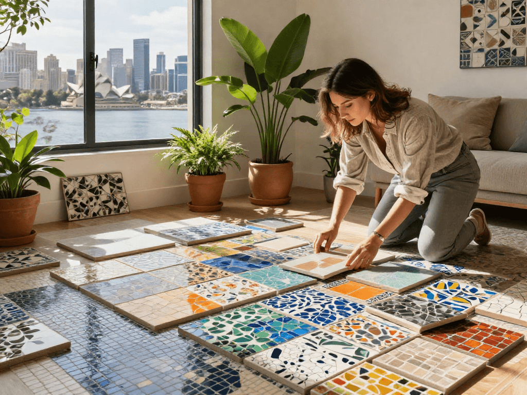 Mosaic tiles Sydney beautifully showcased in a sunlit living area with stylish decor and vibrant patterns.